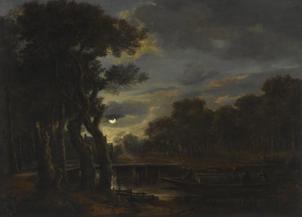 People on the boat in monlight by Aert van der Neer